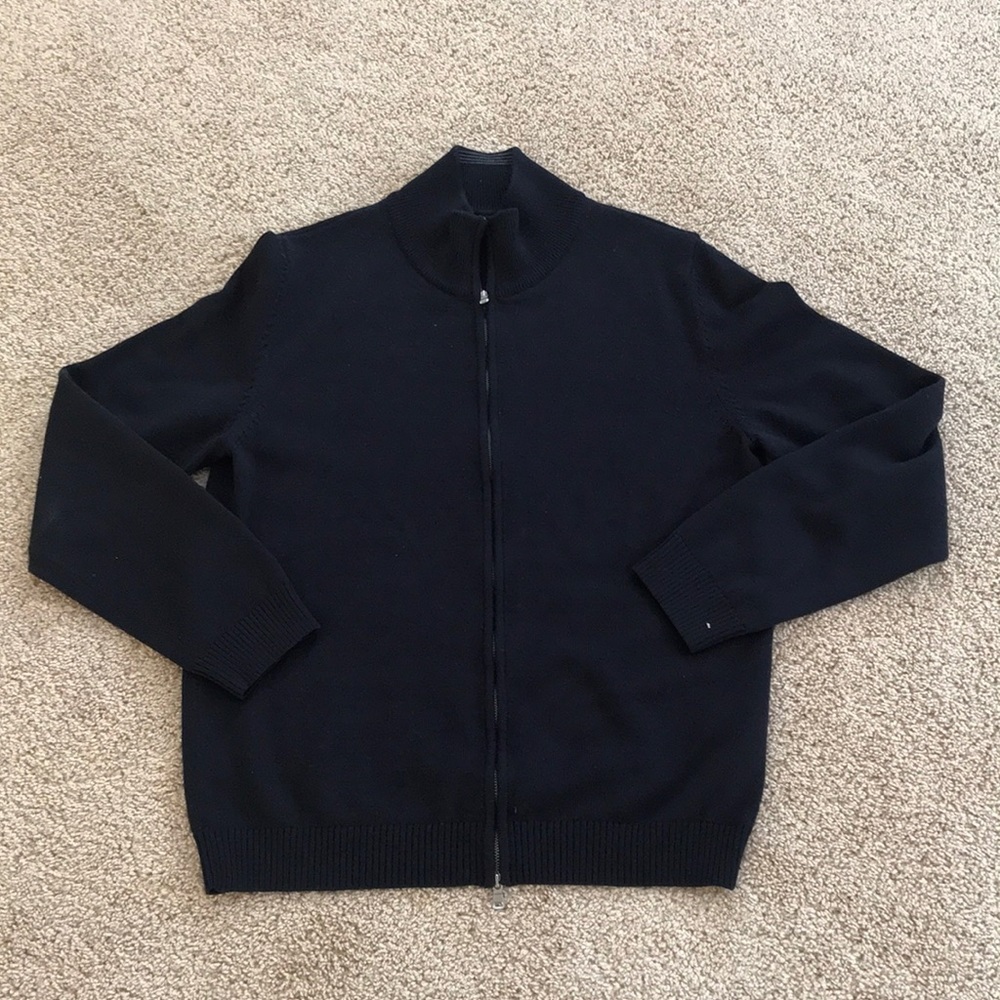 Hugo Boss navy wool slim fit large zippered cardigan sweater.